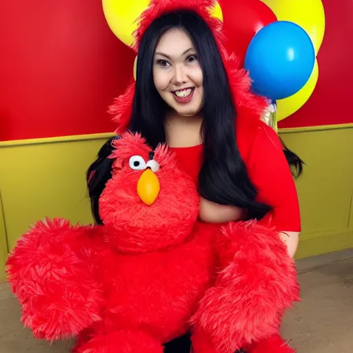 Prompt: a thicc lady wearing a elmo costume
