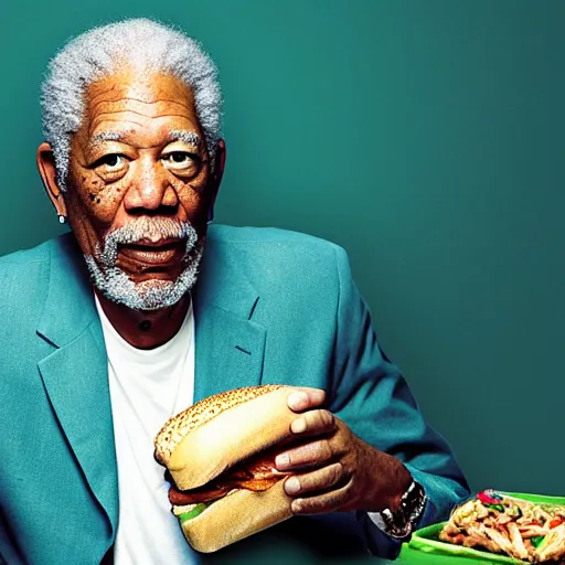Image similar to a full length portrait of morgan freeman eating a subway sandwich