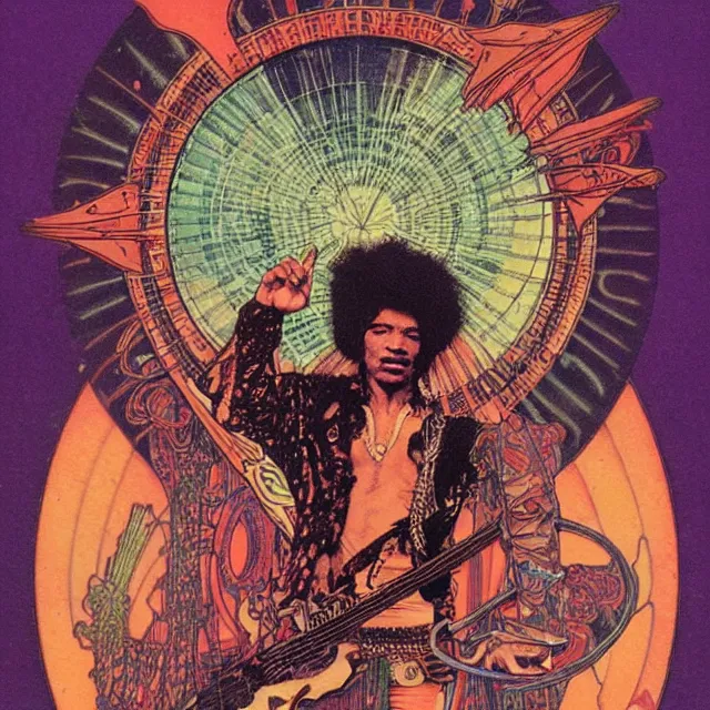 Image similar to polaroid of a vintage record cover by Franklin Booth showing a portrait of Jimi Hendrix as a futuristic space shaman, Alphonse Mucha background, psyadelic art, star map, smoke, sciFi