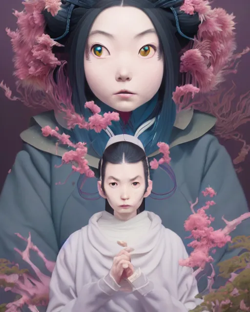 Image similar to highly detailed surreal vfx portrait of nezuko kamado from demon slayer, stephen bliss, unreal engine, greg rutkowski, loish, rhads, beeple, makoto shinkai and lois van baarle, ilya kuvshinov, rossdraws, tom bagshaw, alphonse mucha, global illumination, detailed and intricate environment