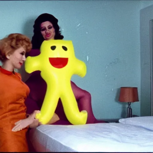 Image similar to bored housewife meets a smiley inflatable toy in a seedy motel room, 1978 color Fellini film, ugly motel room with dirty walls and old furniture, archival footage, technicolor film, 16mm, live action, John Waters, campy and colorful