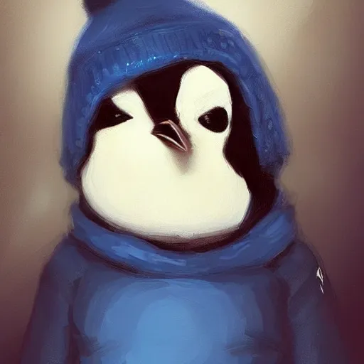 Prompt: a cute penguin with a huge blue beanie, award winning digital art, by Mandy Jurgens, artstation, pretty, beatiful, cute, portrait, character, by Rachel Walpole