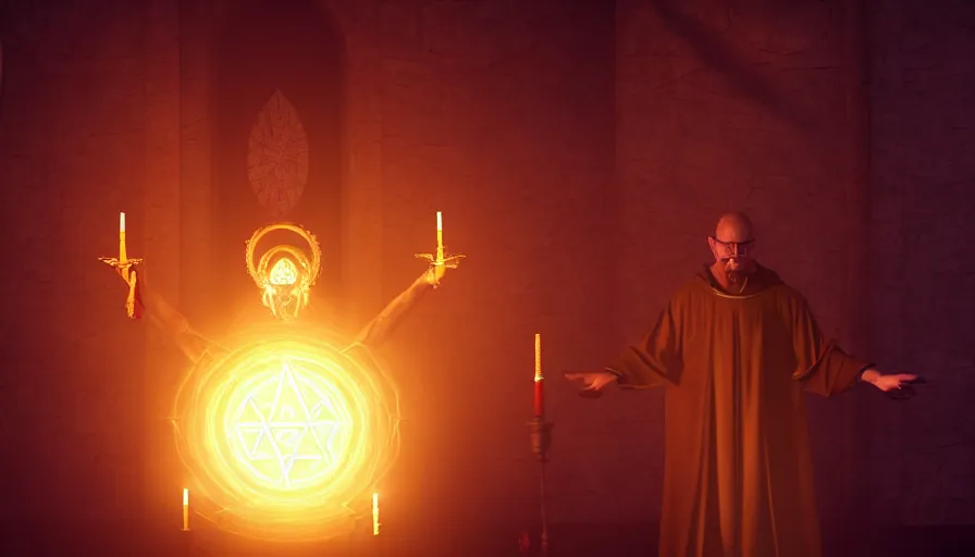 Image similar to an occult priest performs demonic ritual with magic and a glowing sigil in a fantastic temple, volumetric lighting, magical lighting, raytracing, dynamic lights and shadows, photorealistic render, digital art, wallpaper