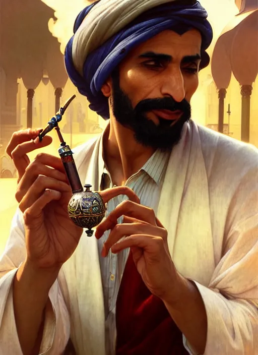 Prompt: an arabian man smoking a pipe in the market, shiny, fantasy, intricate, elegant, hyper detailed, ultra definition, photoreal, artstation, unreal engine rendered, concept art, smooth, sharp focus, illustration, art by artgerm and greg rutkowski and alphonse mucha and garis edelweiss