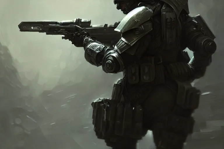 Image similar to futuristic male soldier with gun in powered armor, diffuse lighting, fantasy, intricate, elegant, highly detailed, lifelike, photorealistic, digital painting, artstation, illustration, concept art, smooth, sharp focus, art by andree wallin, halo