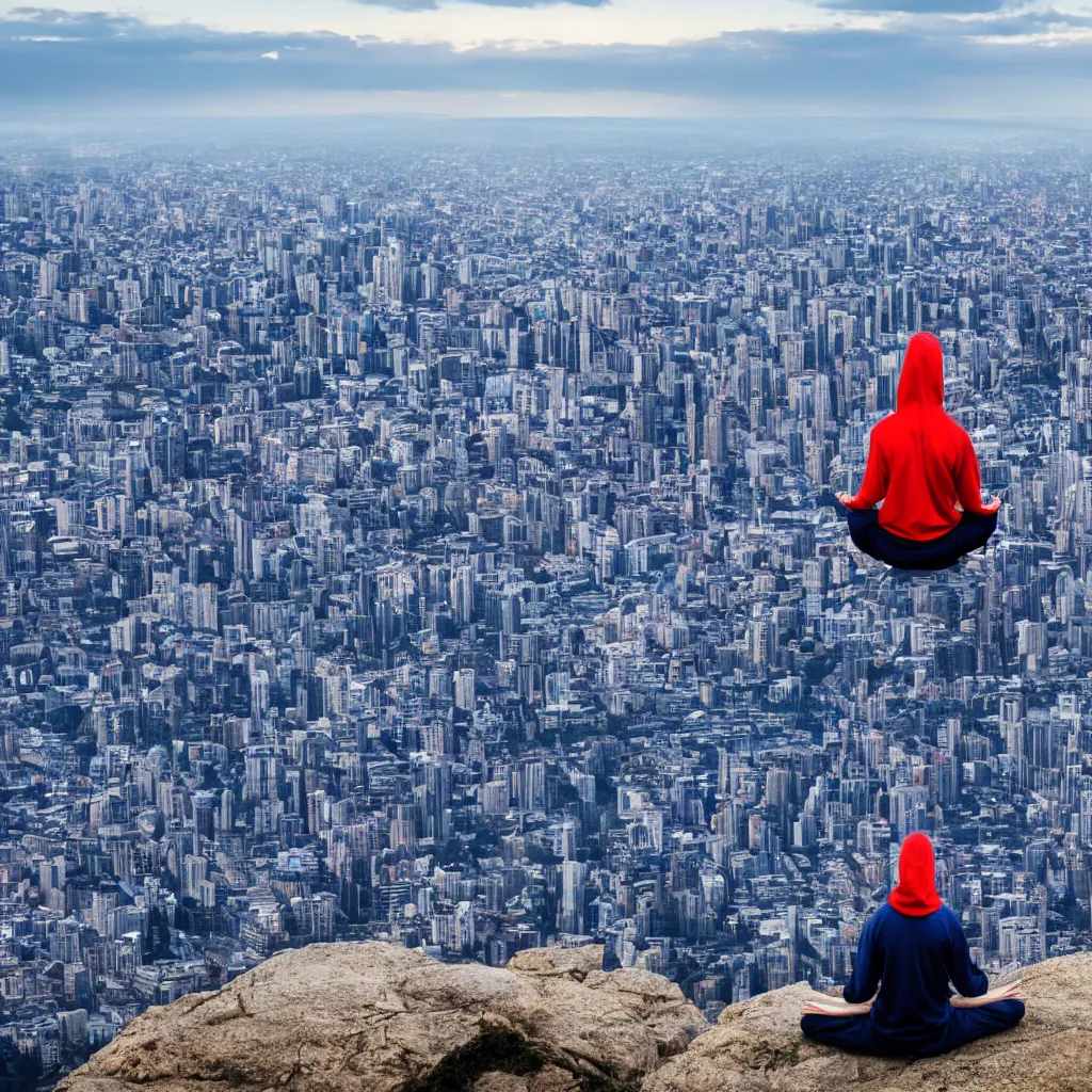 Prompt: meditating person with hoodie on sitting on top of a mountain overlooking a giant futuristic city by sundawn, high resolution photo, detailed