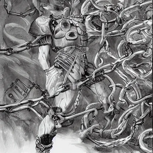 Image similar to A FULL BODY PORTRAIT FROM BEHIND OF MADARA UCHICHA ,THE MAN KEEPS A KUSARIGAMA AND IT IS WRAPPED IN CHAINS ,detailed, concept art, ink style , sketch