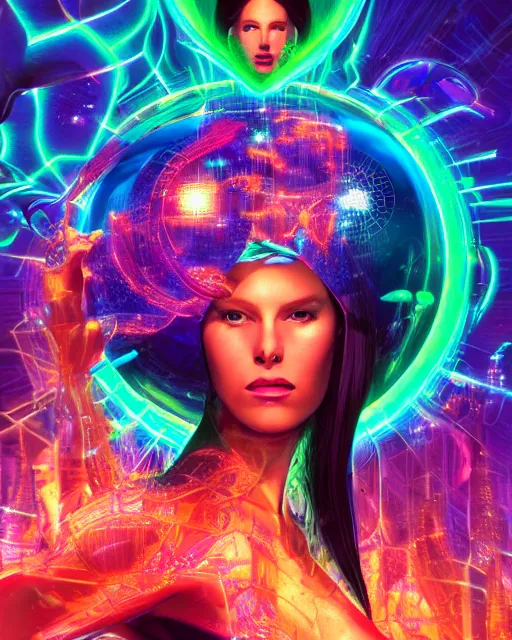 Image similar to a powerful energy psychedelic matrix woman, by alexander fedosav, hyper detailed digital matte painting, concept art, hyperrealism, 1 6 k resolution, cinema 4 d, 8 k resolution, trending on artstation, behance hd, a masterpiece, by stephan martiniere, particles, cel - shaded, power bright neon energy, by david a. hardy,