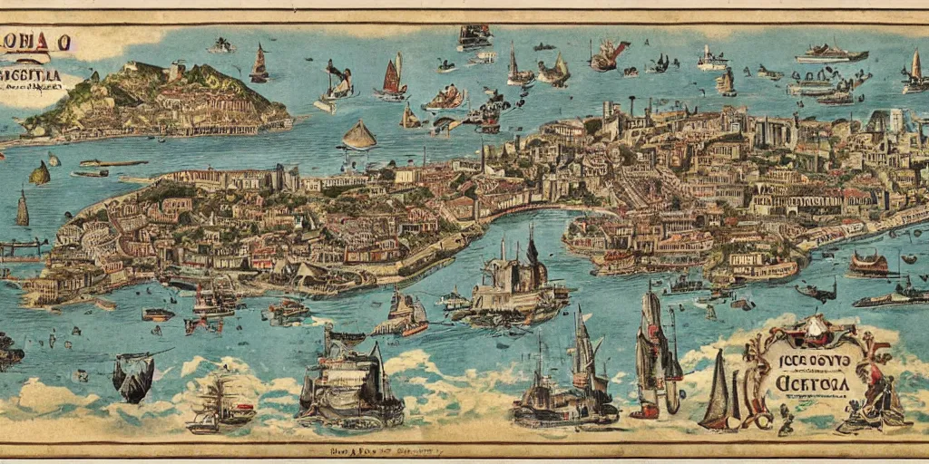 Prompt: map of the city of genoa medieval vintage great looking with sea monsters