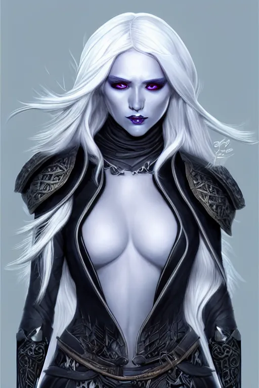 Prompt: drow rogue with long white hair and leather armor, character portrait, concept art, intricate details, highly detailed photorealistic portrait in the style of adam hughes, seseon yoon, artgerm and warren louw