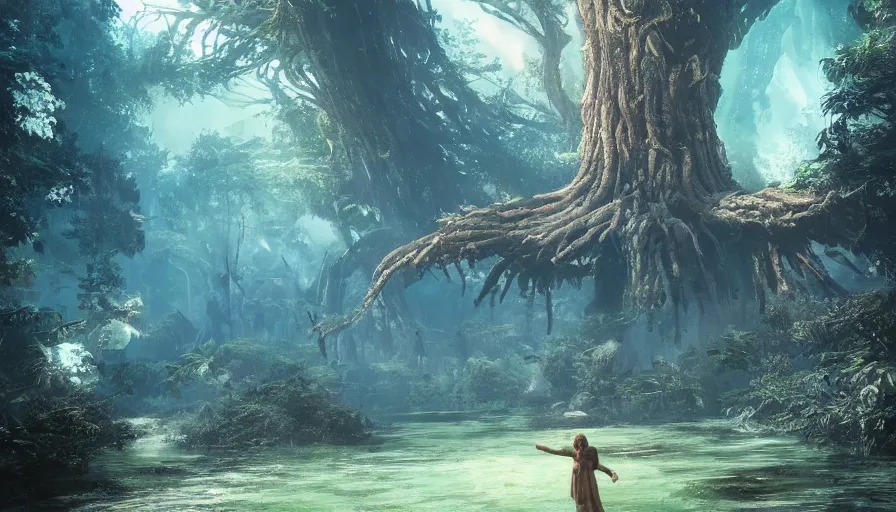 Image similar to ben lo illustration of the largest tree in the world inside rapture in the center of a lake, bioshock concept art, solarpunk, hopeful, colorful, flowers, deity, unreal engine, hyper realism, realistic shading, cinematic composition, realistic render, octane render, detailed textures, photorealistic, wide shot