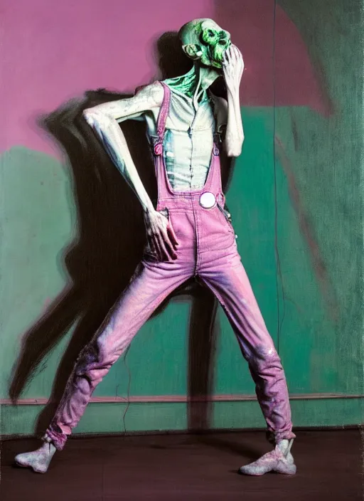 Prompt: an insane, skinny artist wearing torn overalls, expressively, interpretative dance with a large ghost, depth of field, hauntingly surreal, highly detailed oil painting, by francis bacon, edward hopper, adrian ghenie, glenn brown, soft light 4 k, pink and green colour palette, cinematic composition, cinematic lighting, high quality octane render