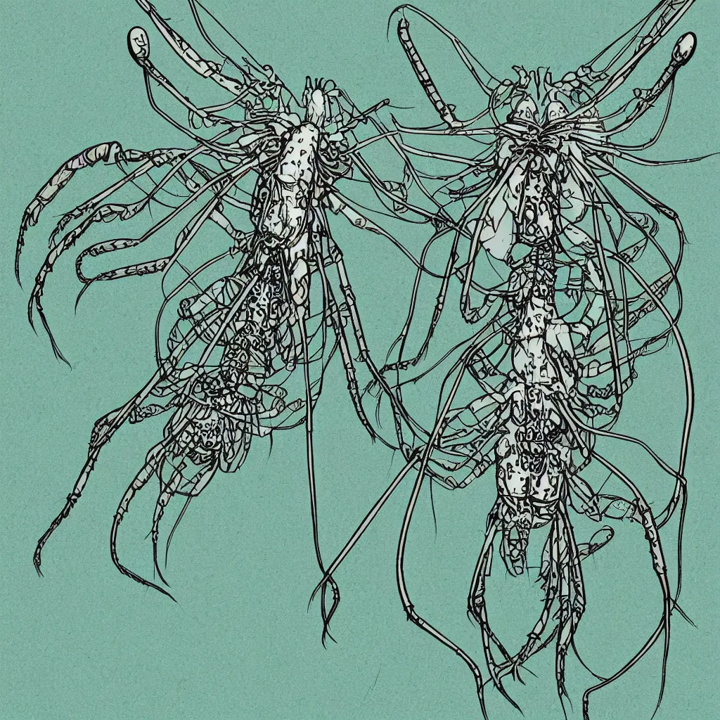 Prompt: graphic scientific illustration art nouveau ai generated extraterrestrial alien flying lobster