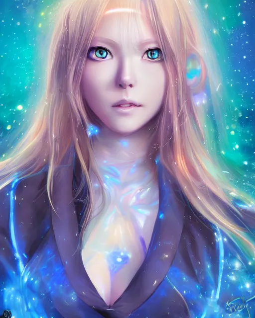 Image similar to A realistic anime portrait of a beautiful cosmic woman with glowing blue eyes and skin made of universes wearing clothes made of galaxies, digital painting, by Stanley Artgerm Lau, Sakimichan, WLOP and Rossdraws, digtial painting, trending on ArtStation, SFW version