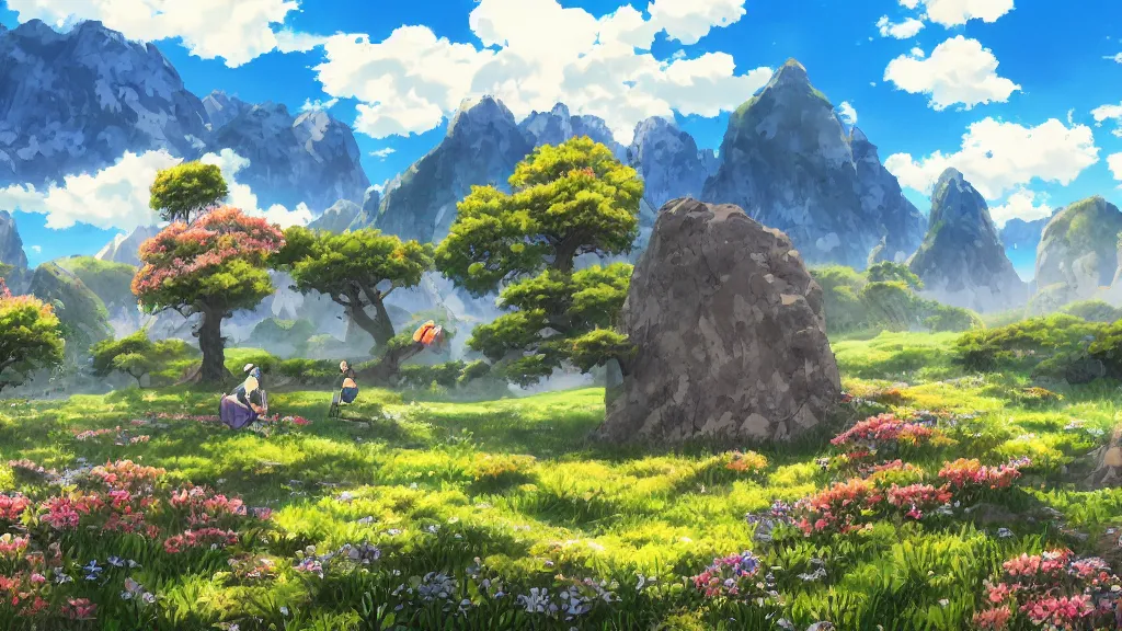 Image similar to fantastic anime sunny meadow with flowers, lone old Oak in the middle plane and mountains on the background, by Hayao Miyazaki, nausicaa of the valley of the wind, studio Ghibli style, Anime wallpaper, stunning