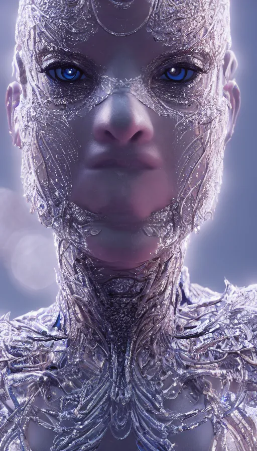 Image similar to full body detailed, ethereal, biomechanical, covered in diamonds and other gems glowing, highly detailed face, elegant posed, intricate, extremy detailed, beeple, cgsociety, 3 d unreal engine octane render. cinematic lighting, highly detailed 4 k art