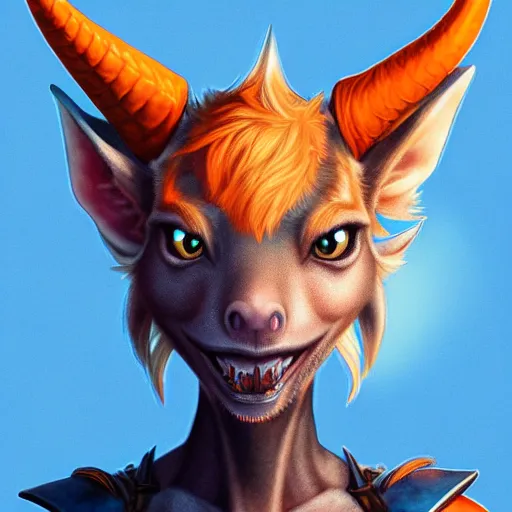 Prompt: illustrated realistic tilted head portrait female prong-horned kobold with blue bob hair and solid dark eyes wearing strap leather armor, orange glow, backlit by rossdraws