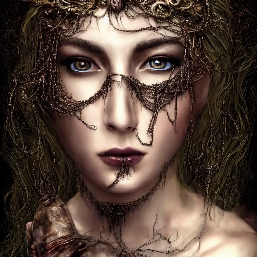 Image similar to mindblowing portrait of the enchantress queen, a stunning timeless beauty, breathtaking eyes, perfect skin, feathered eyelashes, royal gothic dress with a lot of leather, heavy silent hill aesthetic, incredibly intricate, digital art, blender, houdini & photoshop, very elegant & complex, hyper-maximalist, overdetailed, epic cinematic quality, biblical art lighting, photorealistic, lifelike, OLED, DSLR HDR 8k, face is the focus, facial feature symmetry, hyper composed, created by Nixeu & z--ed from deviantart