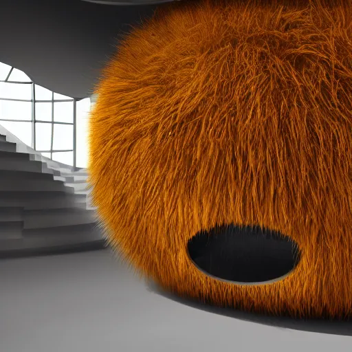 Prompt: detailed architectural render of a futuristic home furry fuzzy clockwork orange shape hairy surreal atmosphere inspired by postmodernism lush fun hyperreal hyperdetailed 3 d samaritual 8 k real engine