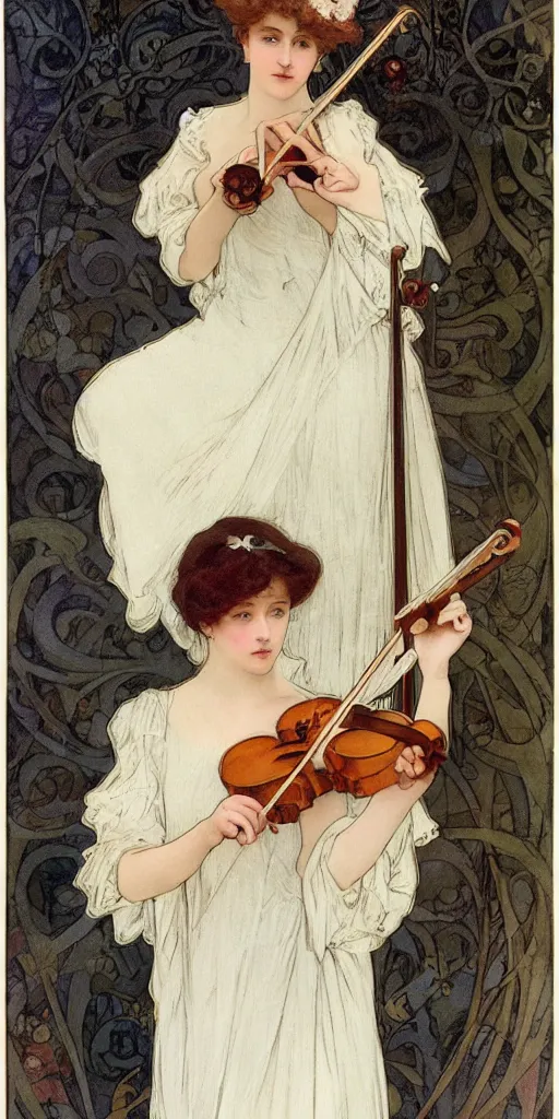 Image similar to A young edwardian woman wearing a white dress, holding a violin in her hands, in the style of mucha