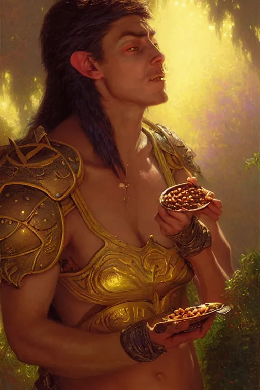 Prompt: extremely detailed painting of a beautiful night elf, in a set of night elf armor, eating baked beans, painting by gaston bussiere, craig mullins, greg rutkowski,