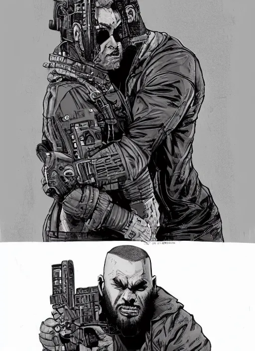 Image similar to Dumb Bubba. Buff cyberpunk meathead in a headlock. Realistic Proportions. Concept art by James Gurney and Laurie Greasley. Moody Industrial skyline. ArtstationHQ. Creative character design for cyberpunk 2077.