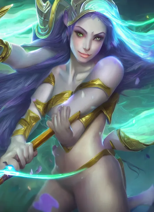 Image similar to soraka with magic wand on her hand healing the ones harmed, from league of legends, green aura from her wand, hyper detailed, digital art, trending in artstation, cinematic lighting, studio quality, smooth render, unreal engine 5 rendered, octane rendered, art style by klimt and nixeu and ian sprigger and wlop and krenz cushart