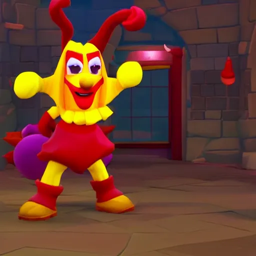 Image similar to image of ronald mcdonald, red afro, red nose and yellow outfit as an enemy in spyro the dragon video game, with low poly playstation 1 graphics, upscaled to high resolution