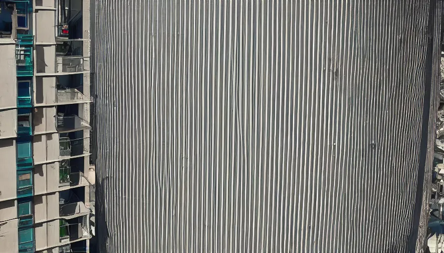 Image similar to the internal structure of modern american apartments is four stories high and there is a huge water storage tank on the roof