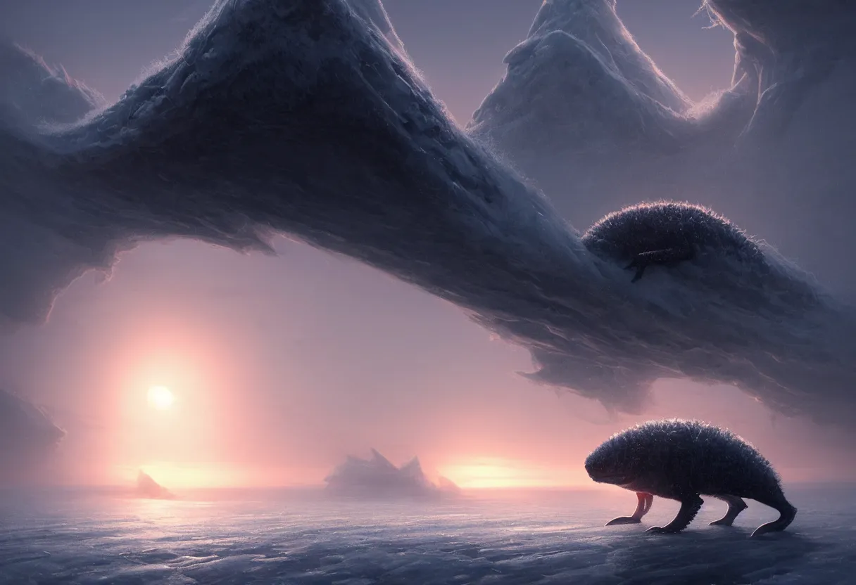 Image similar to strange sea animal emerging from surface of another frozen winter planet at sunset, ultra high definition, ultra detailed, symmetry, fog, matte painting, by greg rutkowski and ross tran and wlop