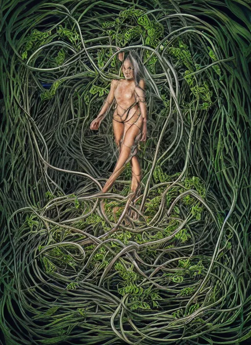 Prompt: a beautiful person trapped in the fetal position inside of extremely thick vines intertwined, central circular composition, high saturation, epic lighting, in the style of Peter gric and Hannah yata 8k