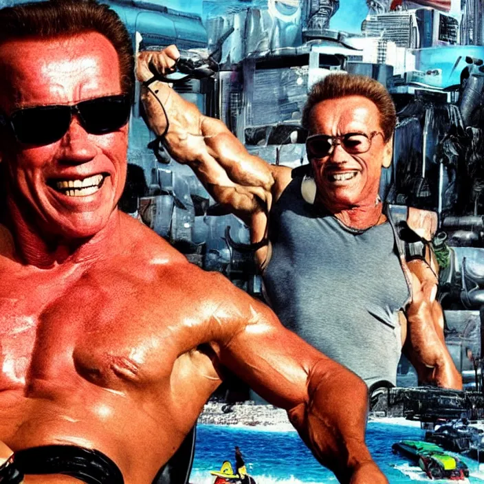 Image similar to arnold schwarzenegger having fun at a cyberpunk beach, futuristic cyberpunk, detailed photo