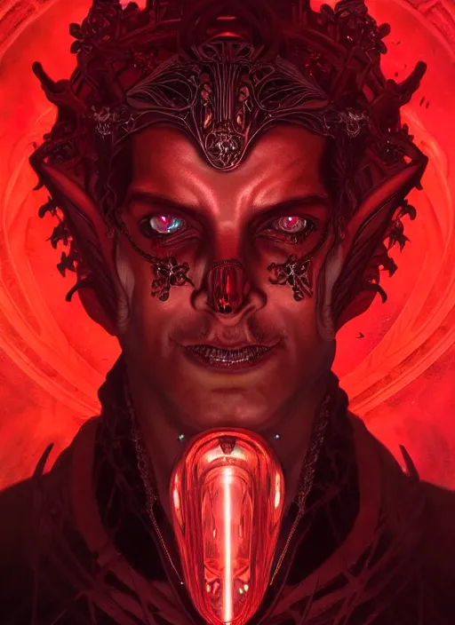 Prompt: the god hades, red hair, glowing eyes, volumetric lights, black and red scheme, art nouveau botanicals, gothic, intricate, highly detailed, digital painting, artstation, concept art, smooth, sharp focus, symmetric face, illustration, steampunk, art by artgerm and greg rutkowski and alphonse mucha