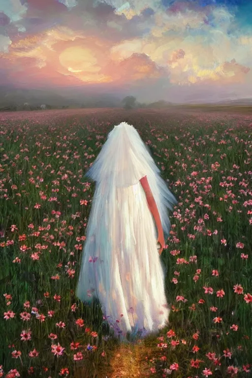 Image similar to giant white daisy flower head, girl with veil walking in a flower field, surreal photography, sunrise, dramatic light, impressionist painting, colorful clouds, digital painting, artstation, simon stalenhag