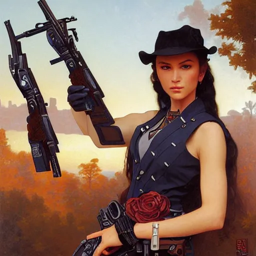 Image similar to a portrait painting of a gunslinger fantasy lady, highly detailed, art by tristan eaton and artgerm and william - adolphe bouguereau