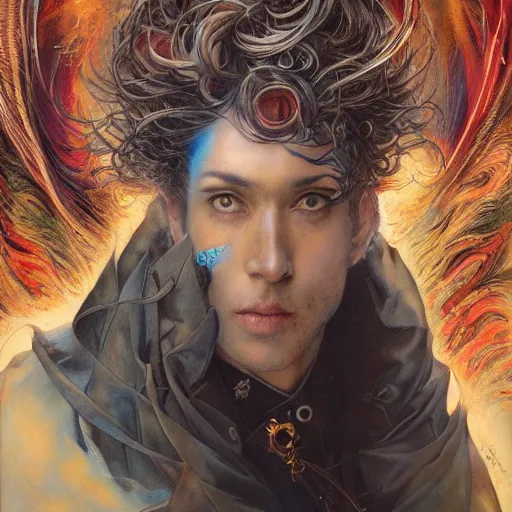 Prompt: painting of a man, curious bright looking, combination in the style Ayami Kojima, Amano, Karol Bak, Greg Hildebrandt, and Mark Brooks, detailed, trending on Artstatio atmospheric, high energy, electric, bristling, highly detailed, 8K, 4K, UE5