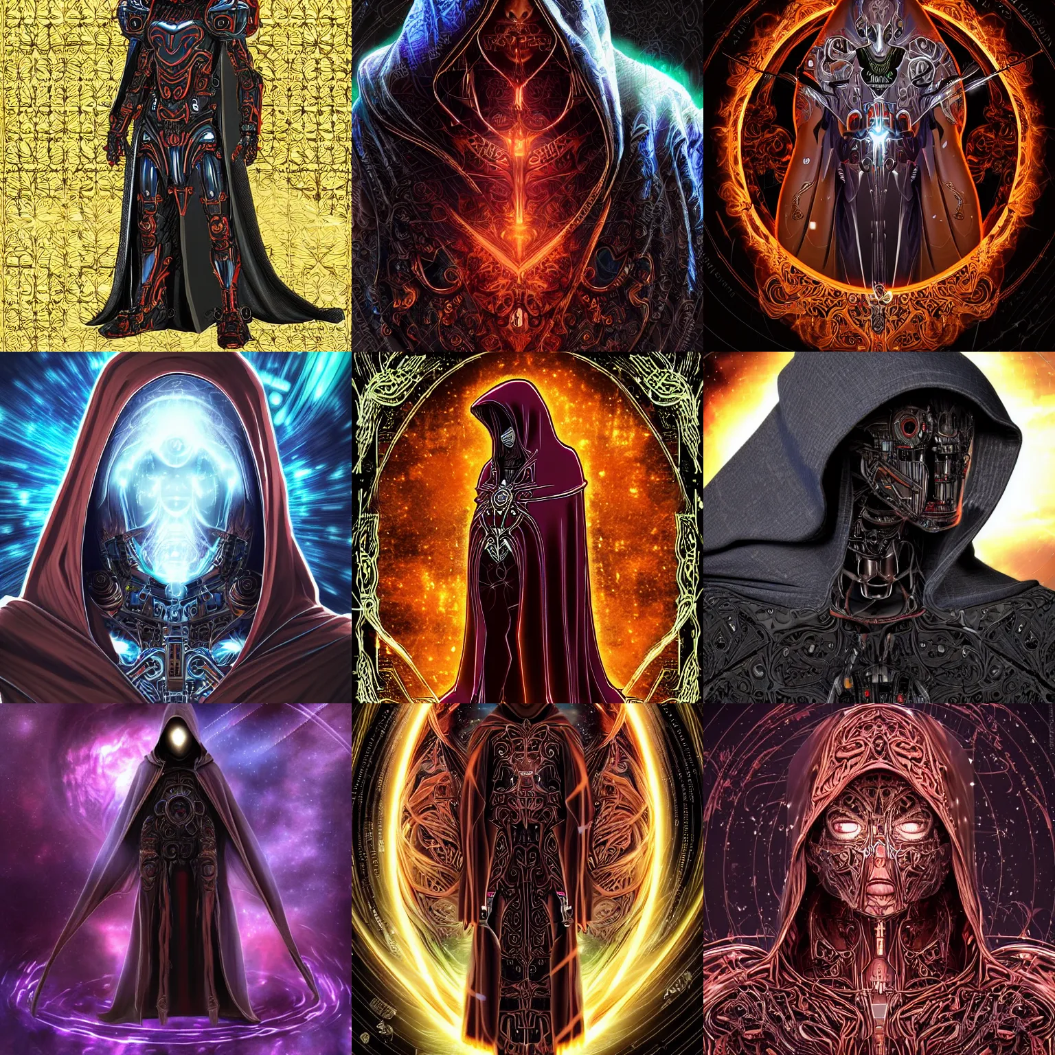 Prompt: Cloaked hooded complex cybernetic being with a normal human face, intricate ornate anime CGI style, dark, rich colour and detail, brandishing cosmic weapon