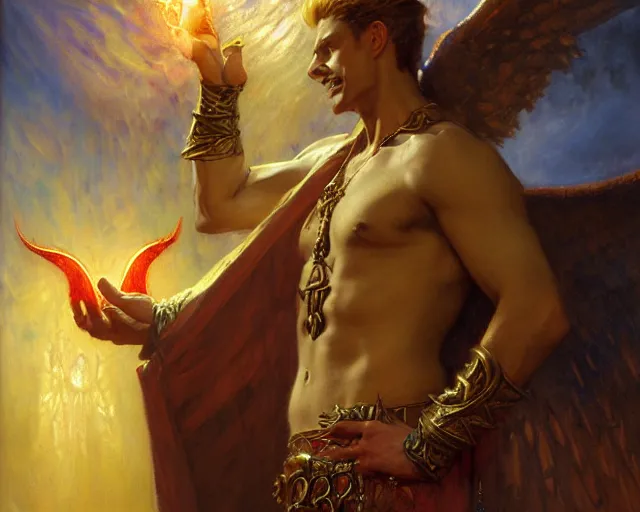 Image similar to attractive demonic male deity, casting magic, summoning handsome lucifer morning star. highly detailed painting by gaston bussiere, craig mullins, j. c. leyendecker 8 k