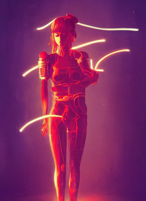 Image similar to a futuristic female geisha warrior, red hair made out of water, blade runner, akira, ghost in the shell, 2077, style of Laurie Greasley and Satoshi Kon + symmetric lights and smoke, psychedelic effects , glowing particles, neon rain, glowing runes, de-noise, symmetrical composition, high detailed + tarot card, ornate border, 8k,