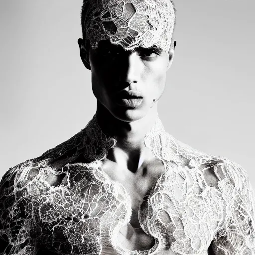 Prompt: a portrait of a beautiful young male wearing an alexander mcqueen bodysuit made of lace , photographed by andrew thomas huang, artistic