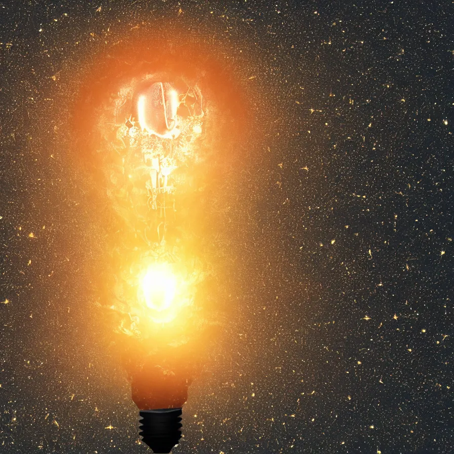 Image similar to lightbulb exploding into the universe, artist impression, 4k HD render, slow motion, psychedelic, intricate detail, one lightbulb, centered image