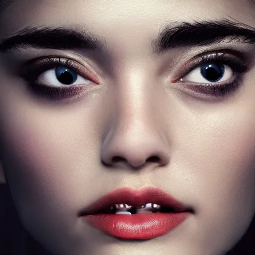 Image similar to big eyebrows Emmy Rossum, realistic, photo studio, HDR, 8k, trending on artstation