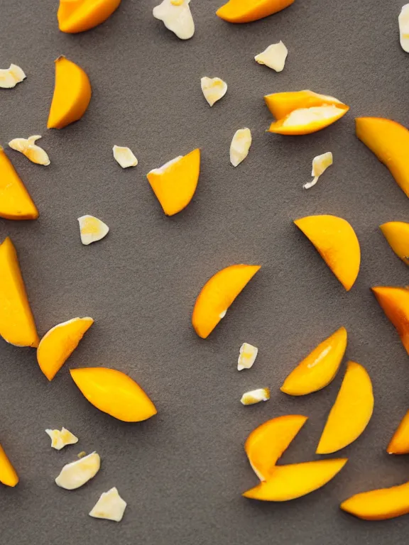 Image similar to miniature diorama of yogurt mango pieces macro