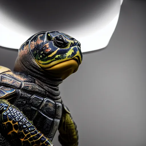 Image similar to a antropomorphic turtle making voice over in professional studio. Studio lighting f 1.2