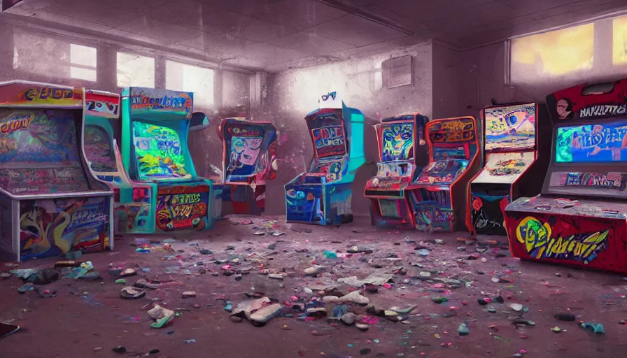 Image similar to abandoned 9 0's arcade room, cobwebs, dust, particles, dusty, arcade machines, hyperdetailed, artstation, cgsociety, 8 k