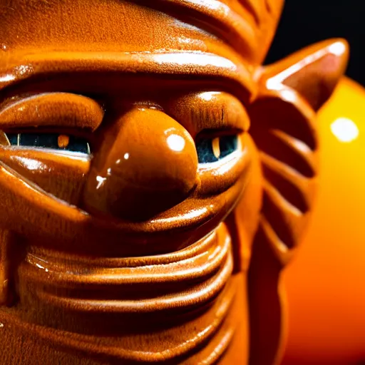 Image similar to a closeup photorealistic photograph of an orange cat garfield style tiki mug at a trader vic's bar with garfield's face on the front. tiki party. bright scene. fine detail. this 4 k hd image is trending on artstation, featured on behance, well - rendered, extra crisp, features intricate detail, epic composition and the style of unreal engine.