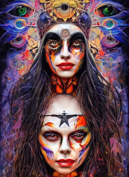 Image similar to gorgeous magic cult psychic woman smiling, third eye, energetic consciousness psychedelic, epic surrealism expressionism symbolism, story telling, iconic, dark robed, oil painting, symmetrical face, dark myth mythos, by Sandra Chevrier, Noriyoshi Ohrai masterpiece