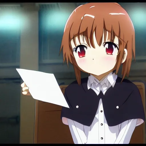 Image similar to cute anime girl bribing the district attorney. Key Frame, still from tv anime, Kyoto animation studio, Flash photography,