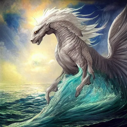 Image similar to a beautiful, celestial, oceanic drakopegasus rising from the sea, fantasy art,