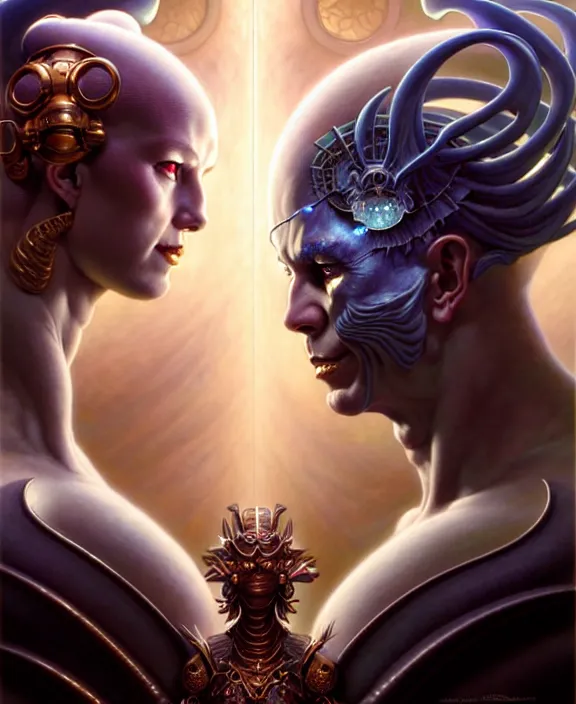 Image similar to beautiful gemini good and evil fantasy character portrait, ultra realistic, wide angle, intricate details, the fifth element artifacts, highly detailed by peter mohrbacher, hajime sorayama, wayne barlowe, boris vallejo, aaron horkey, gaston bussiere, craig mullins